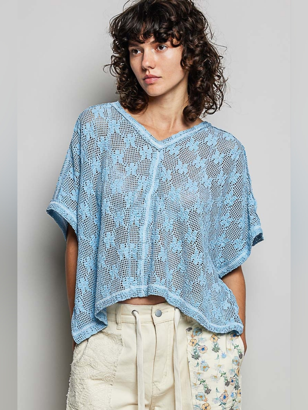 POL Crochet Lace Short Sleeve Top-Light Blue
